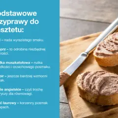 Podstawowe przyprawy do pasztetu: sól, pieprz, gałka muszkatołowa, imbir, ziele angielskie, liść laurowy. Na desce kromki chleba z pasztetem.
