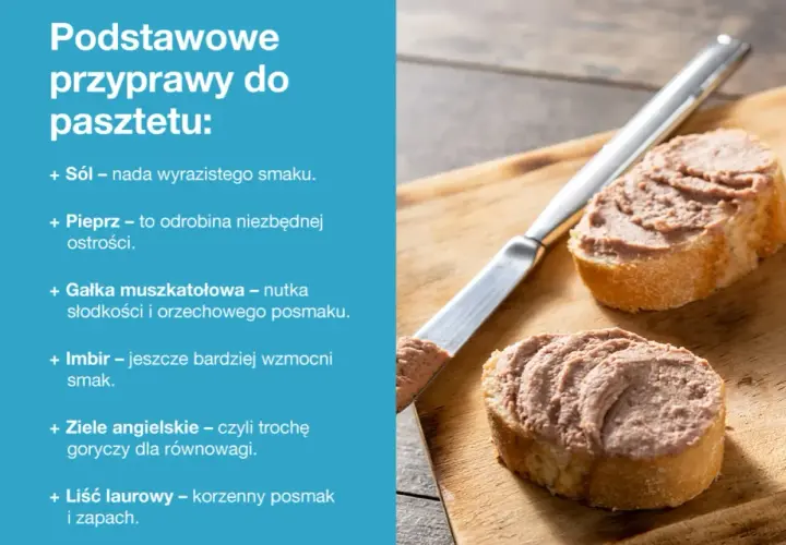 Podstawowe przyprawy do pasztetu drobiowego: sól, pieprz, gałka muszkatołowa, imbir, ziele angielskie i liść laurowy.